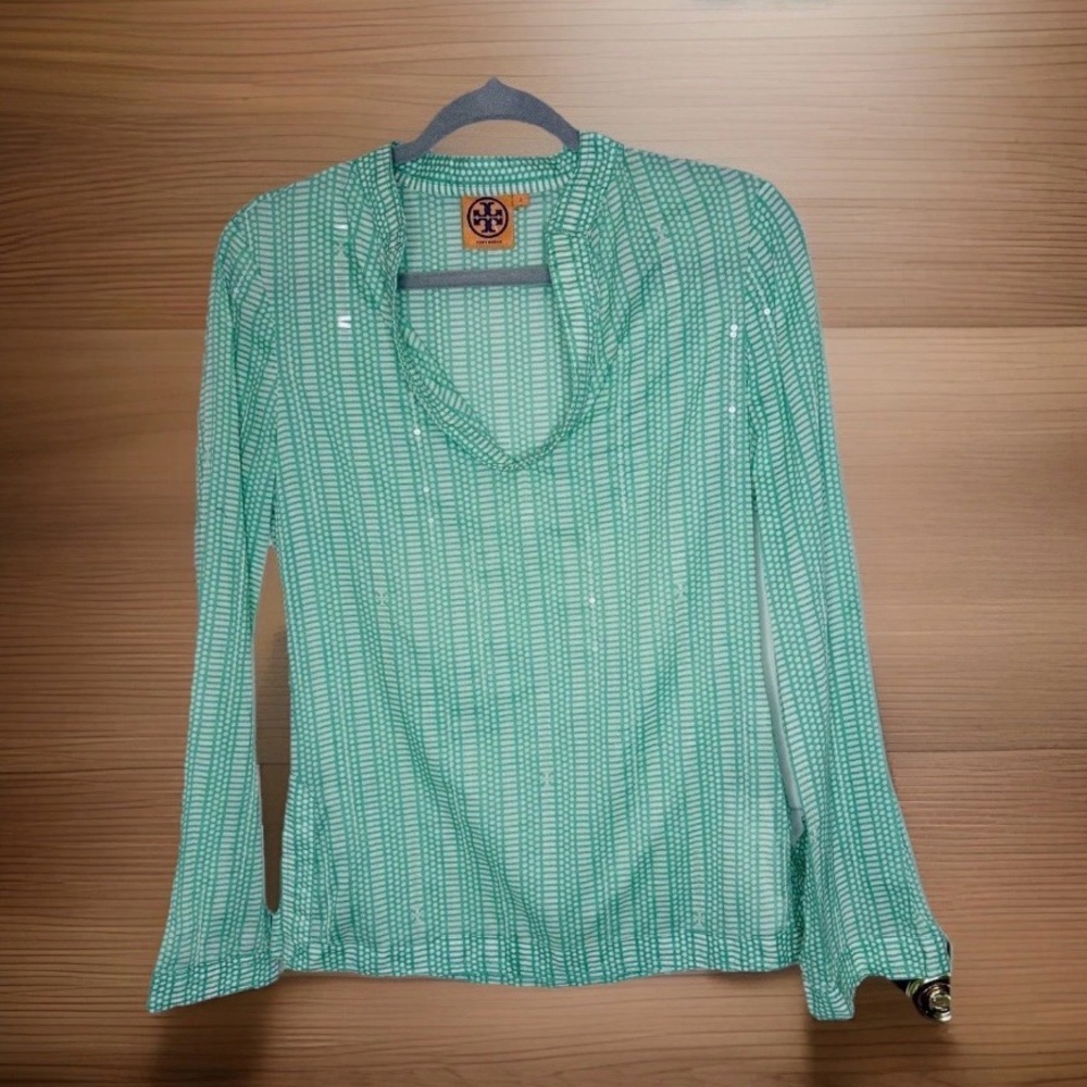 Tory‎ Burch Green Tunic Blouse Long Sleeve Lightweight Resort Vacation Size 2 - Picture 2 of 3